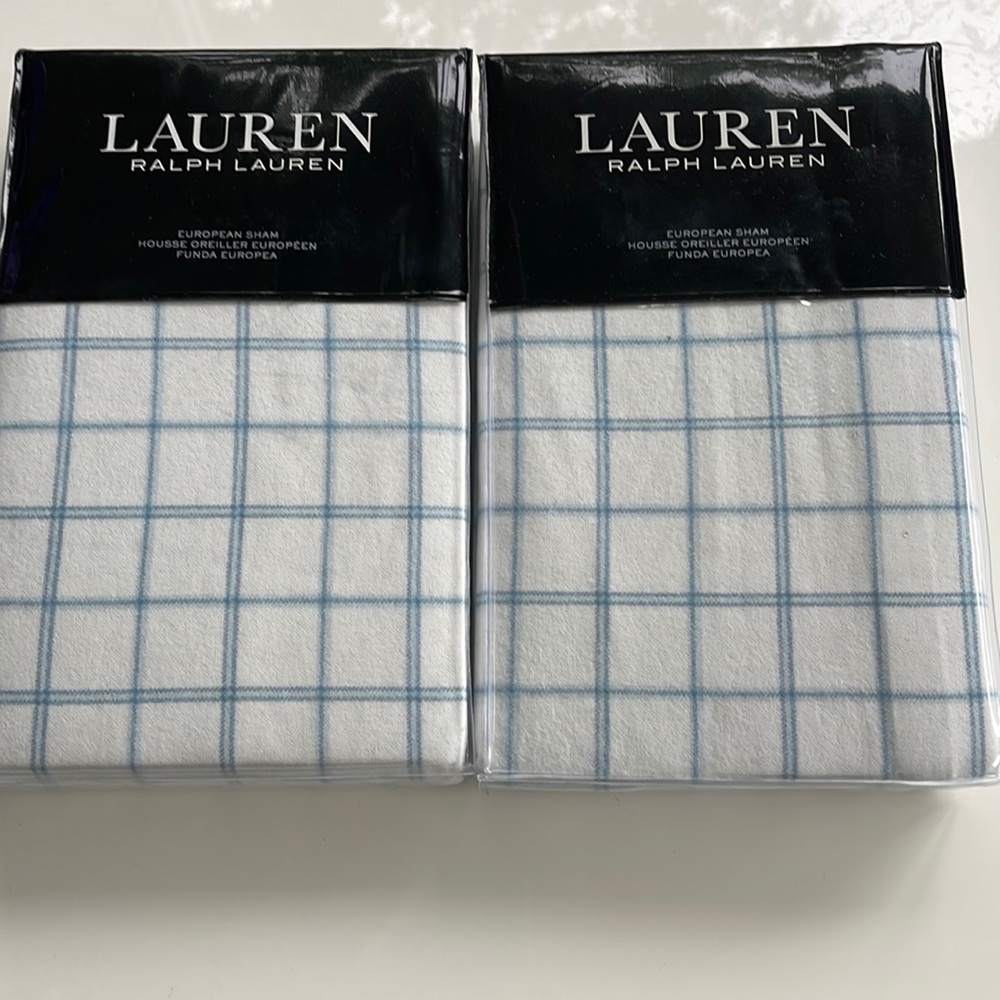 New Ralph Lauren Flannel Plaid Light Blue White European Sham Set of 2. $270